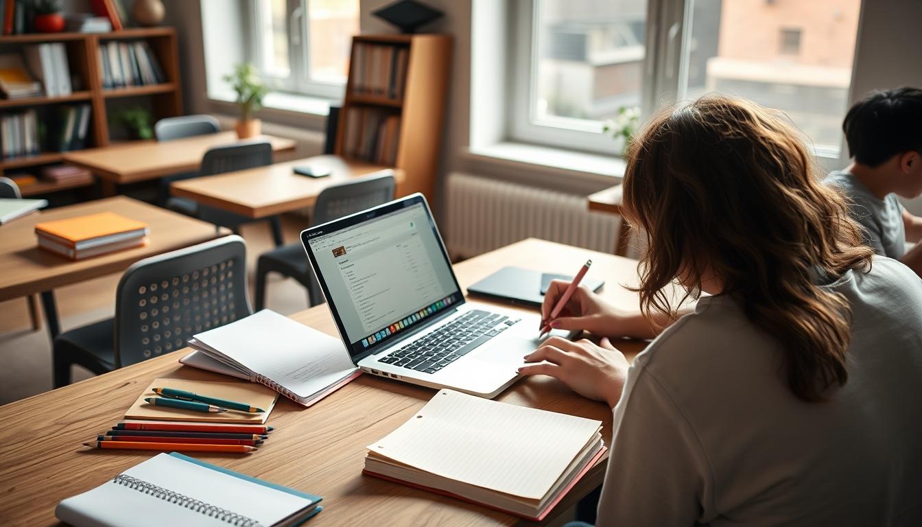 Students studying together in modern classroom